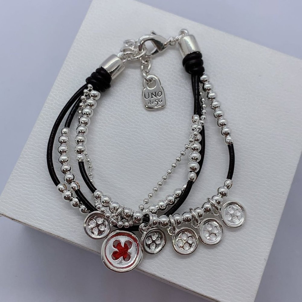 New Uno De 50 Silver Tone Leather Multi chunky The Crew Bracelet
